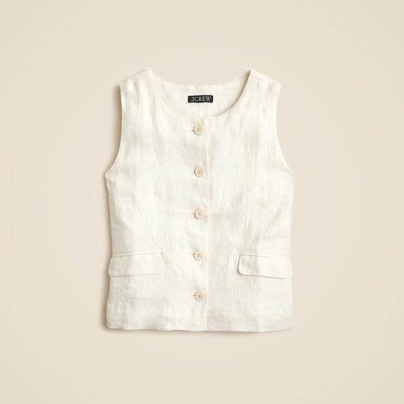 NWT!! J. CREW Crewneck Vest Linen Natural Flap Pockets Tie Waist Retro Size 4 - Picture 1 of 12